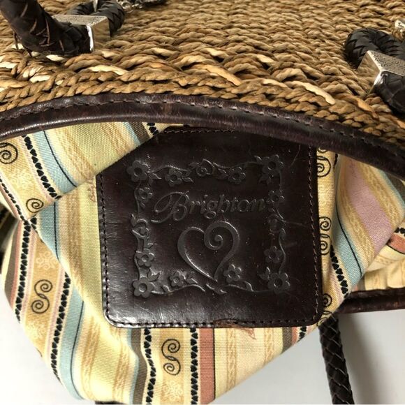 Brighton Straw Double Handle Bag Leather Woven Handles Silver Hardware - Picture 6 of 13